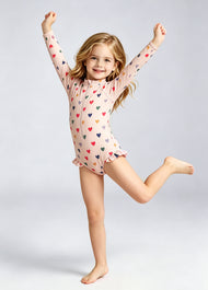 Girls' Swimsuit: Toddler & Kids' One-Piece Long-Sleeve Swimwear with Small Heart Print — Sun-Protective & Quick-Drying