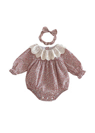 Baby Girls Retro Floral Dollar Collar Romper With Hairband