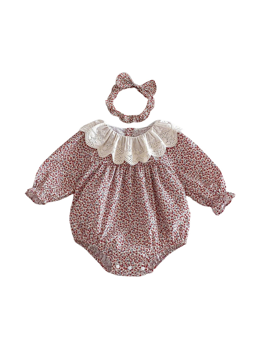 Baby Girls Retro Floral Dollar Collar Romper With Hairband
