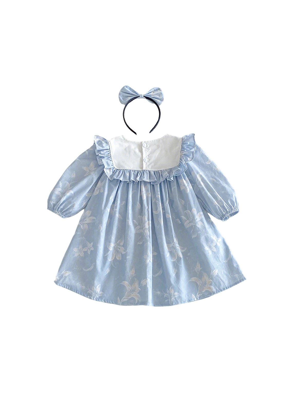 Girls Sweet Floral Ruffle Bowknot Dress With Headband