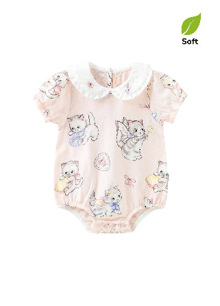 Antibacterial Baby Girl Bamboo Romper | Breathable Summer Cat Print Jumpsuit