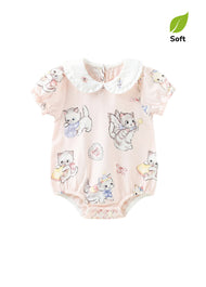 Baby Girl's Summer Short-Sleeve Romper — Antibacterial, Breathable Bamboo Fiber with Cat Pattern