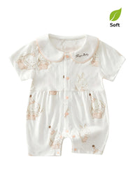 Baby Girl's Summer Bamboo Fiber Romper — Lightweight Design with Bellflower & Elf Bunny Print