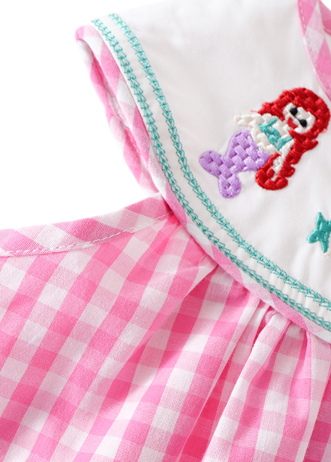 Girls Mermaid Embroidered Cotton Plaid Dress