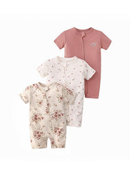 3-Piece Baby Girl Cotton Cute Floral Print Short-Sleeve Romper