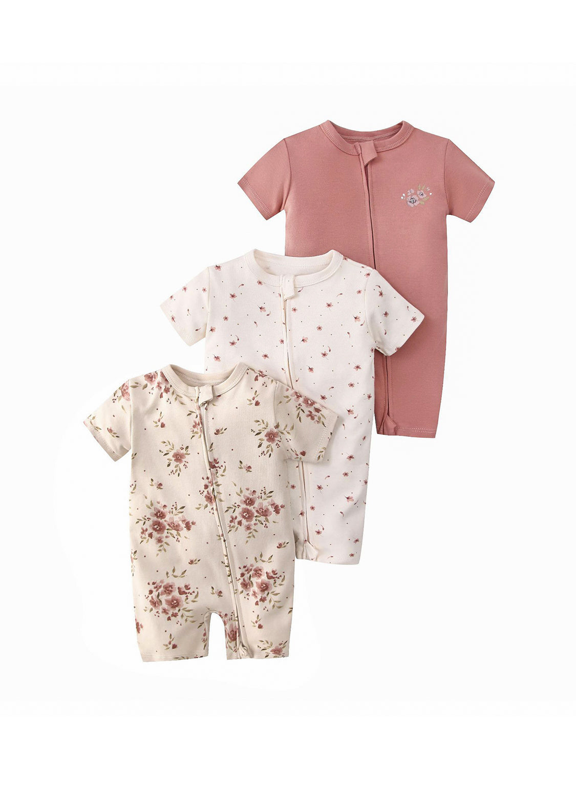 3-Piece Baby Girl Cotton Cute Floral Print Short-Sleeve Romper