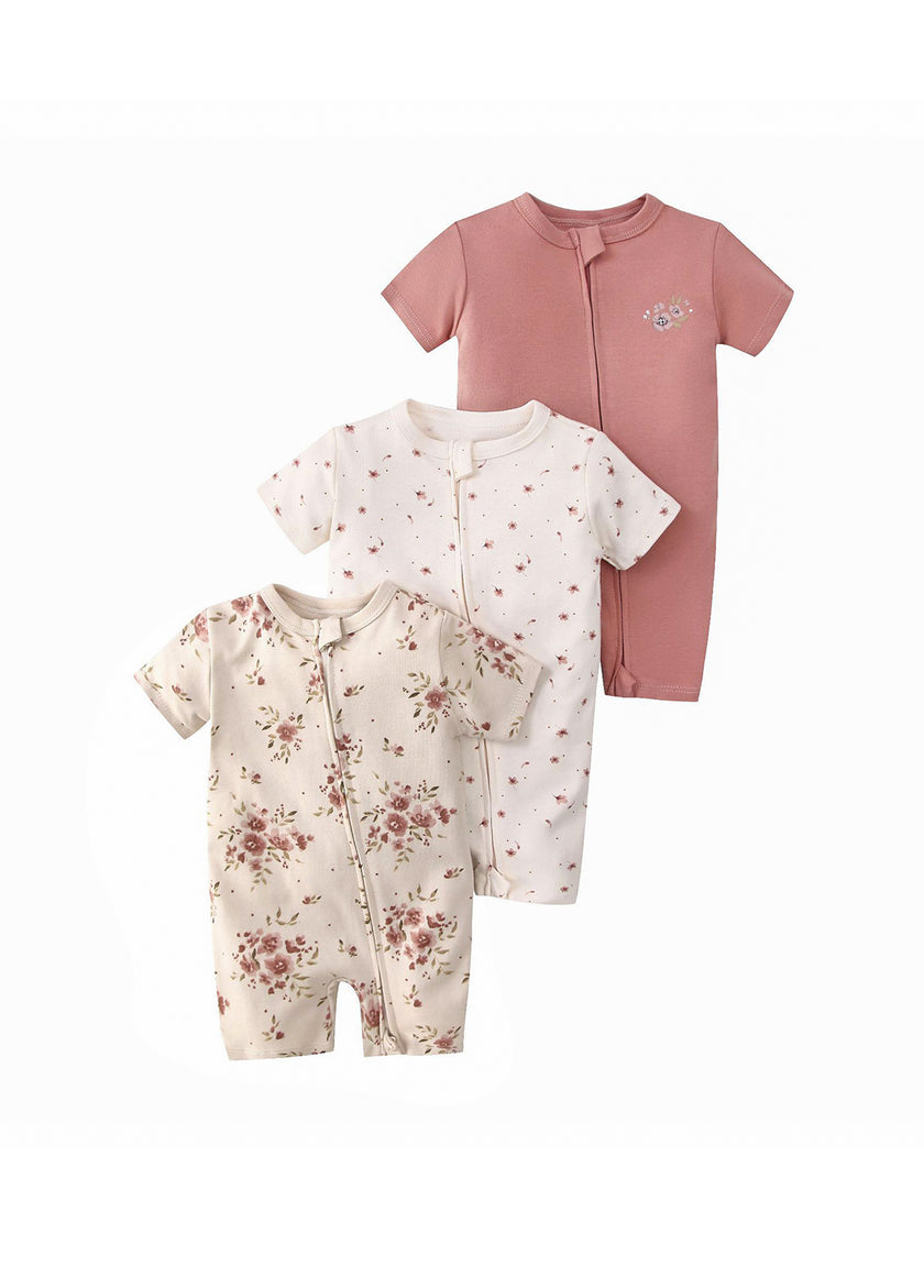 3-Piece Baby Girl Cotton Cute Floral Print Short-Sleeve Romper