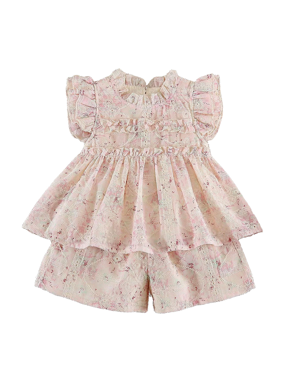 Girls Sweet Floral Embroidered Ruffled Top And Shorts Set