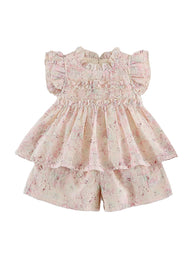 Girls Sweet Floral Embroidered Ruffled Top And Shorts Set