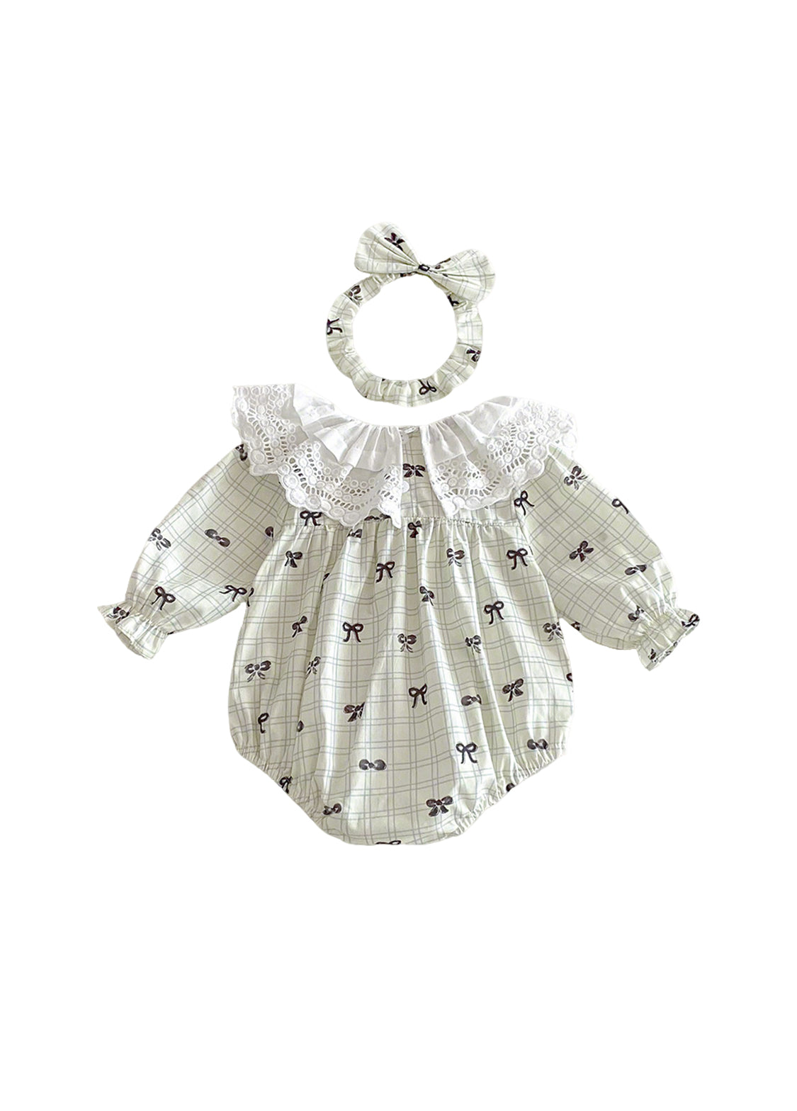 Baby Girls Pastoral Style Bowknot Romper With Hairband