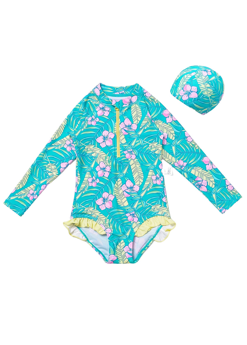 Girls' Long-Sleeve One-Piece Swimsuit Set — Tropical Floral & Leaf Print, Includes Swim Cap — Sun Protection & Quick-Drying