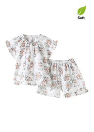 Baby Girl's Summer Two-Piece Set: Short-Sleeve Bamboo-Cotton Gauze Top with Deer Print
