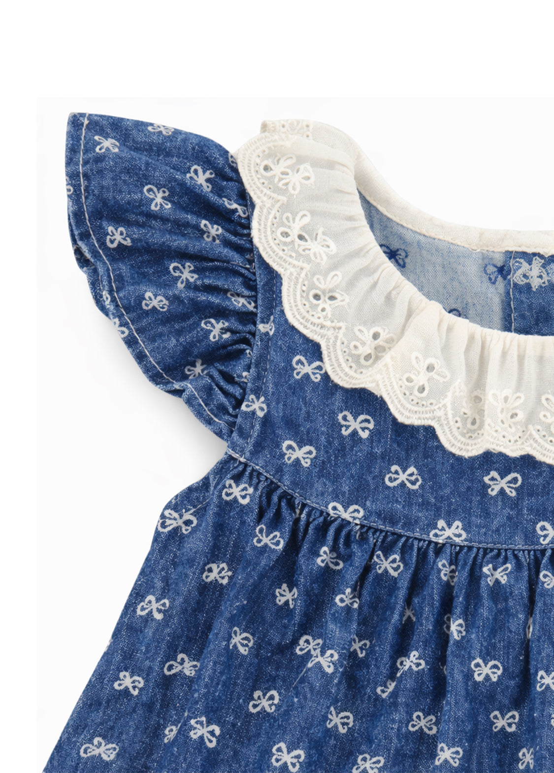 Girls Bow Print Cotton Denim Dress