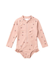 Girls' & Toddlers' Swimsuit: Cherry Print, One-Piece, Long-Sleeve, Sun-Protective, Quick-Drying Swimwear