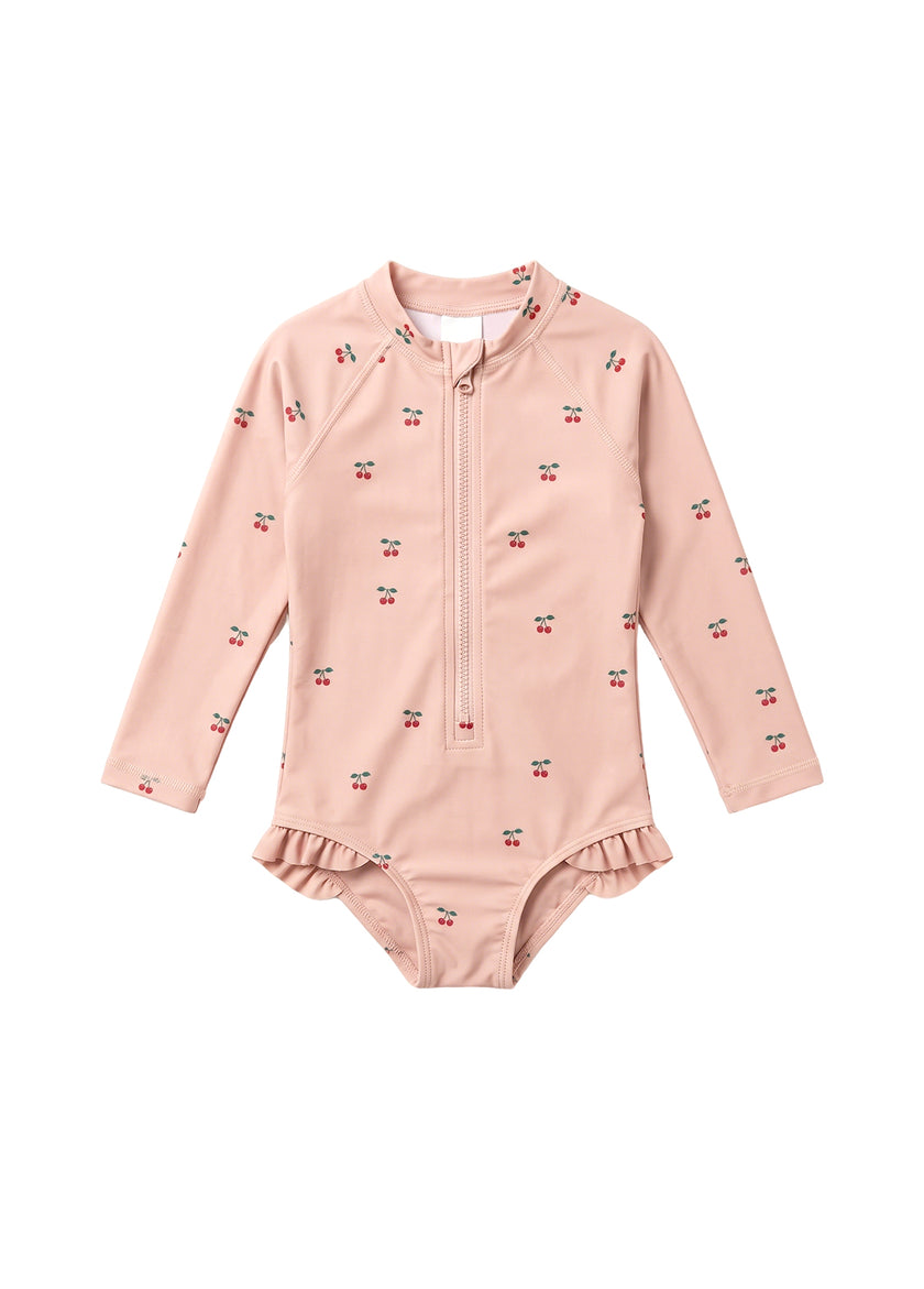 Girls' & Toddlers' Swimsuit: Cherry Print, One-Piece, Long-Sleeve, Sun-Protective, Quick-Drying Swimwear