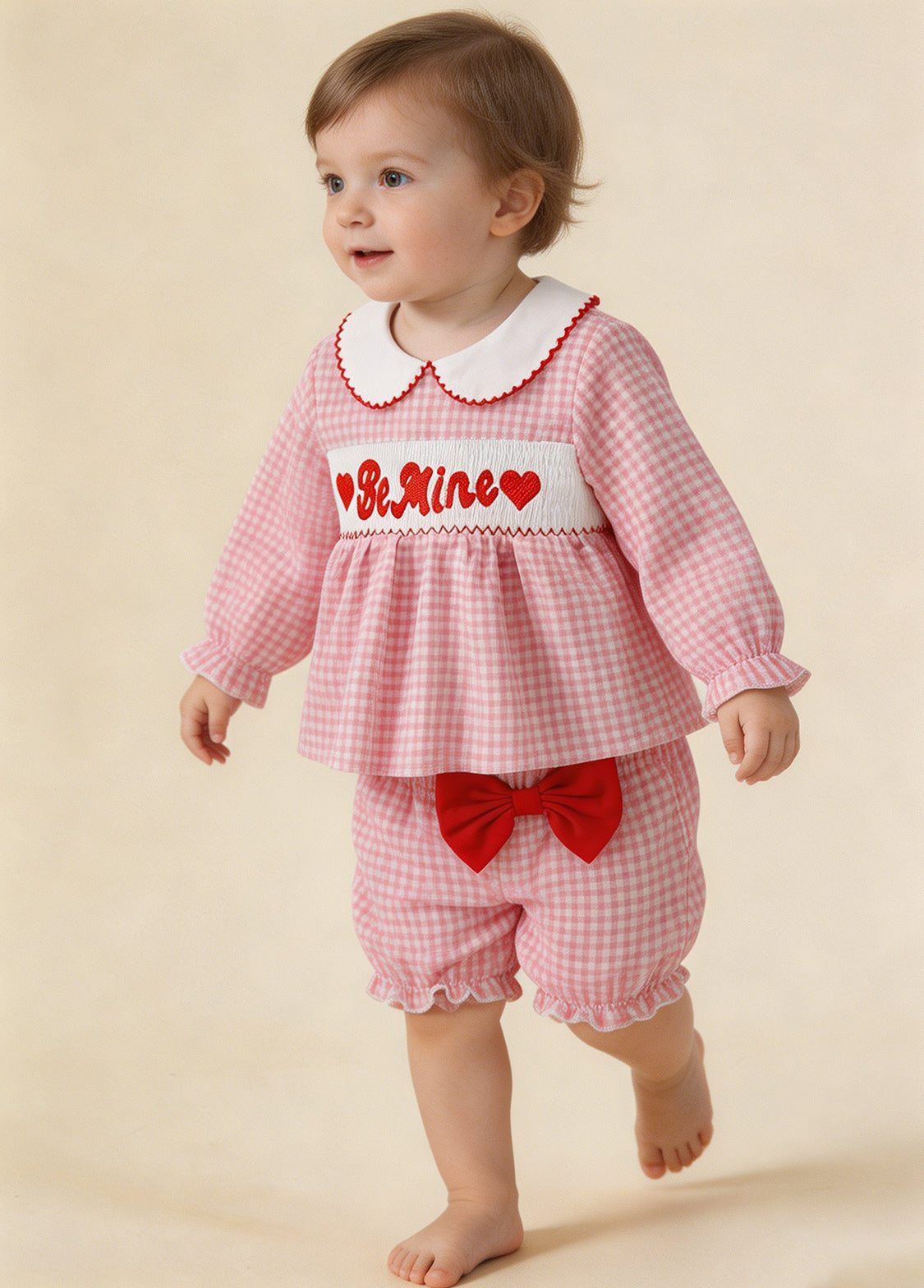 Baby Girl Pink Plaid Embroidered Long-sleeved Top And Lantern Pants Set