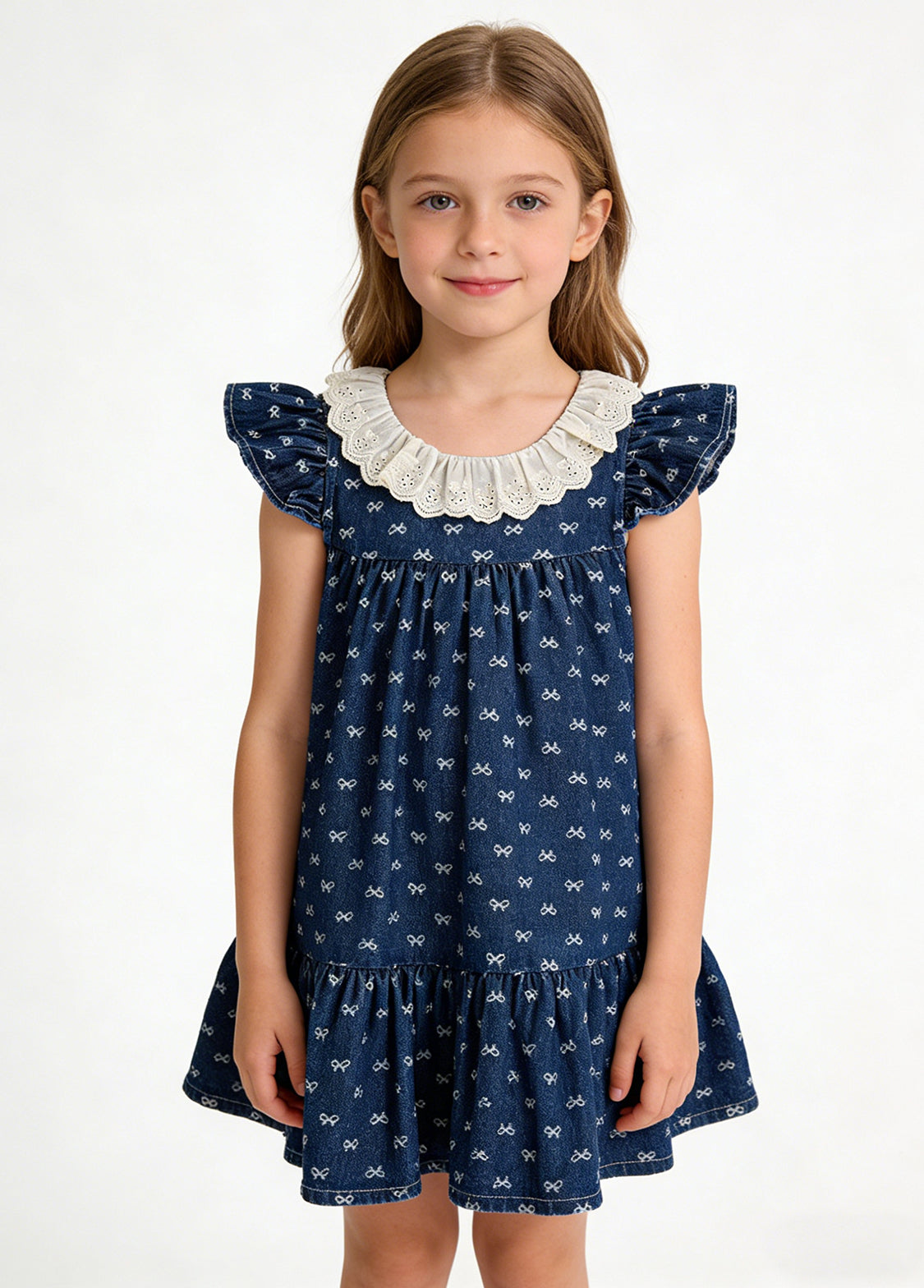 Girls Sweet Denim Bow Print Lace Dollar Collar Dress