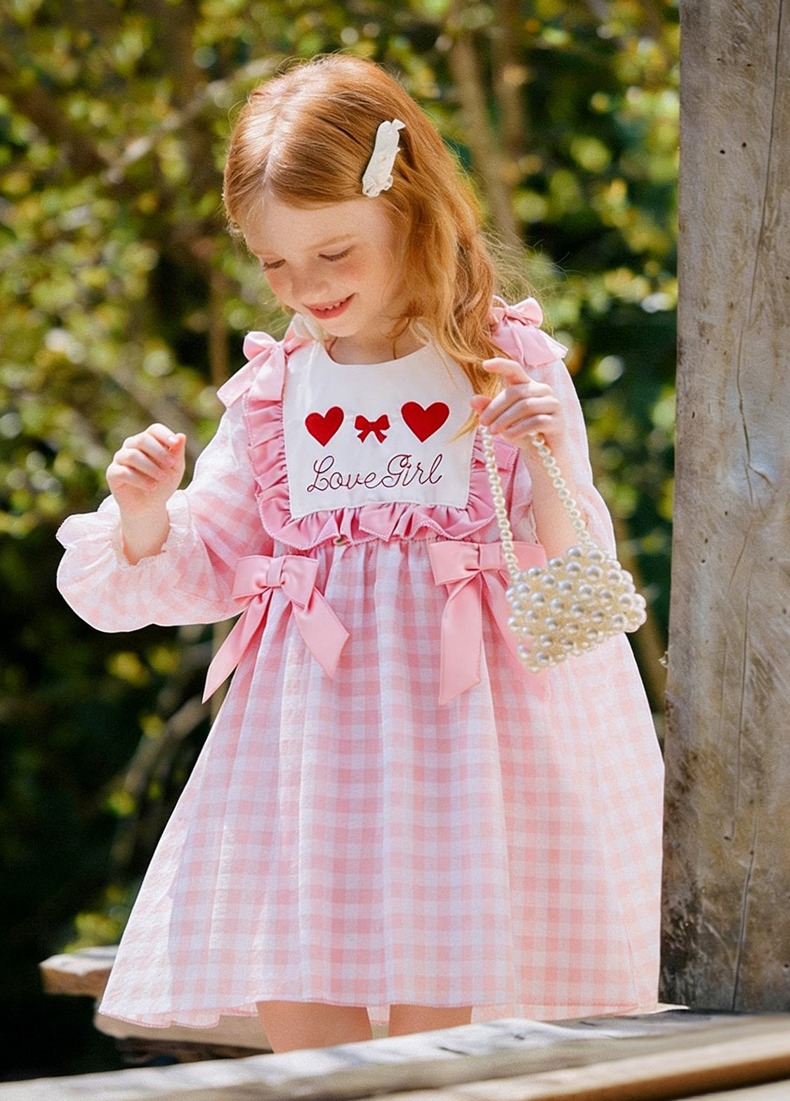 Girls Sweet Pink Plaid Heart-embroidered Ruffle Dress