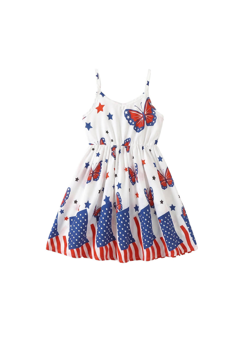 Girls 4th of July Patriotic Dress Kids Independence Day Butterfly and Star Print V-Neck Cami Strap Sundress