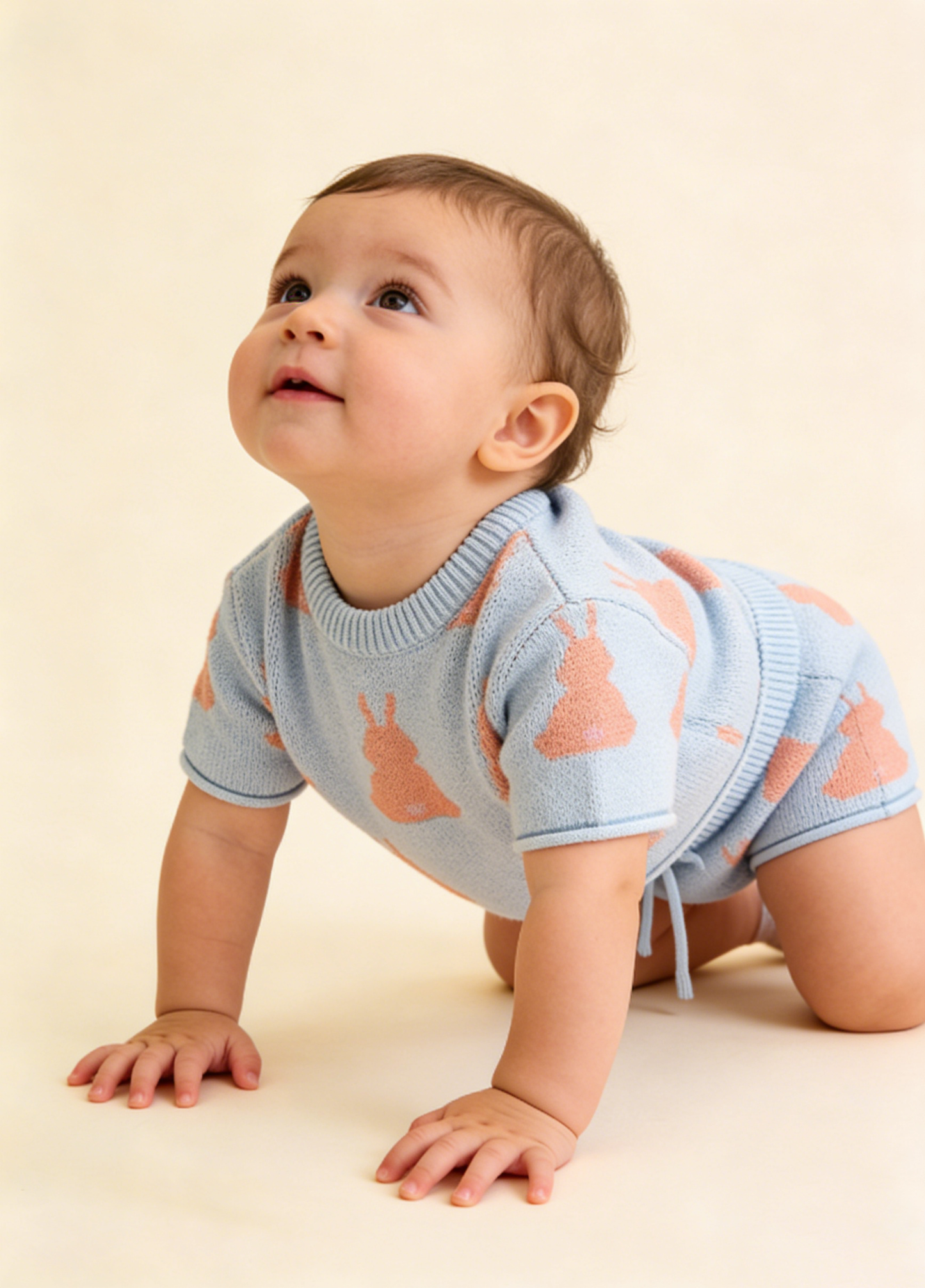 Girls Cute Bunny Jacquard Short-sleeved Sweater And Shorts Set